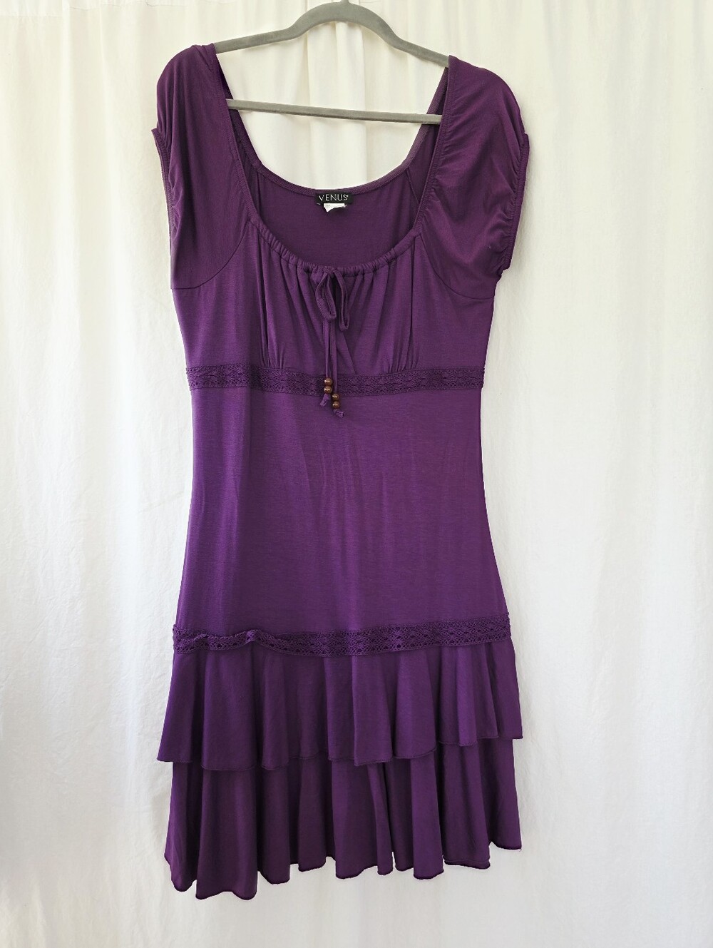 Rare Y2K Babydoll Mini Dress Size S Purple Ruffle Trim Crochet Details Milkmaid - Picture 3 of 8
